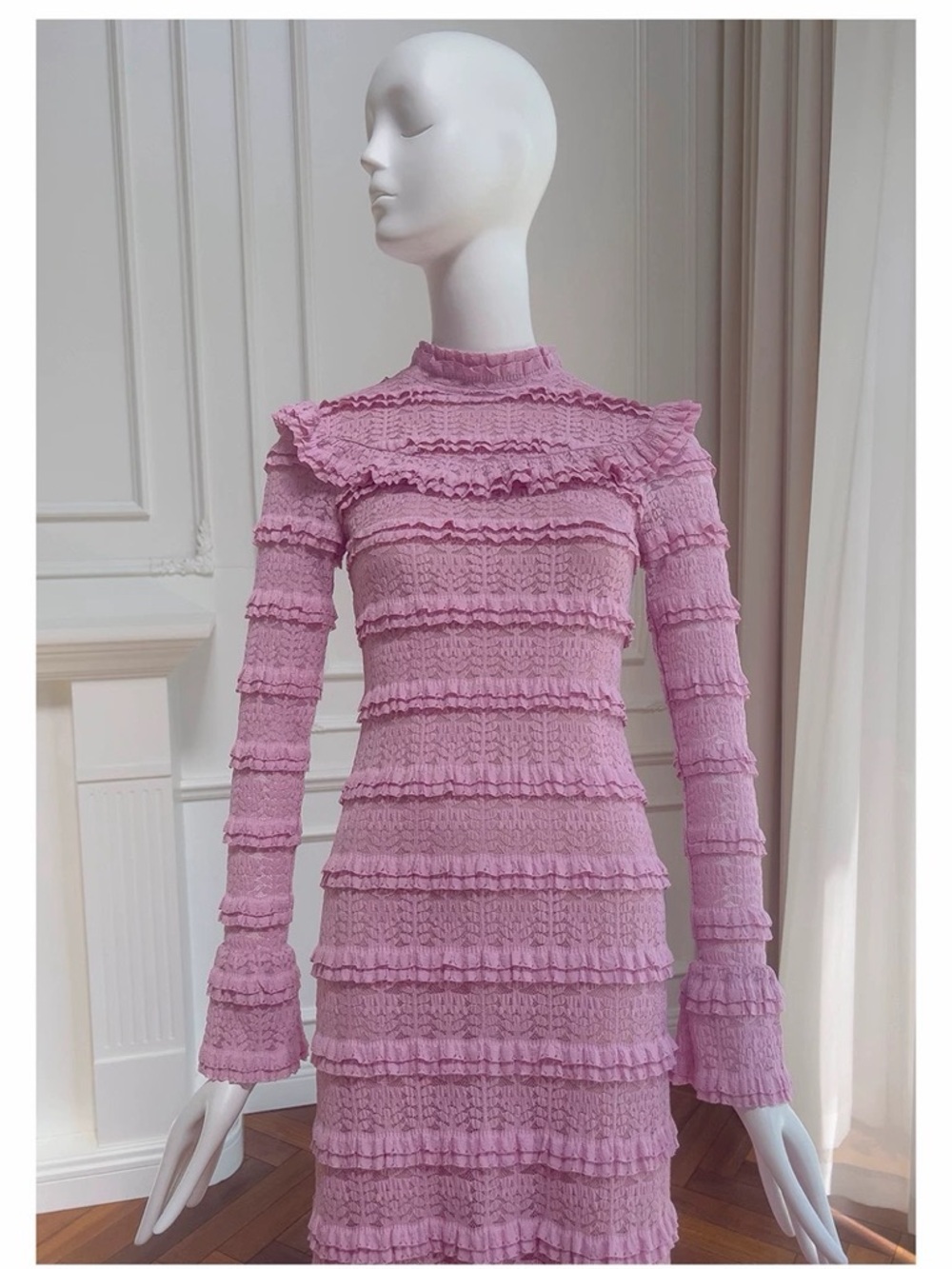 Pink Ruffled Knit Long Sleeve Midi Dress Victorian French Elegant Gown - Picture 3 of 16